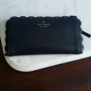 Rare Kate Spade Black Scalloped Leather Long Thin Wallet